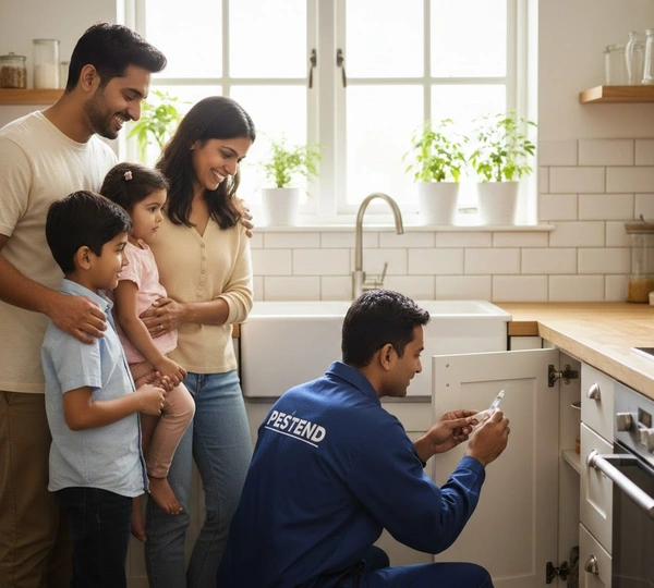 A professional Pestend technician in a blue uniform applying a safe gel treatment in a modern kitchen while a smiling Indian family watches, illustrating child-safe and eco-friendly pest control services.