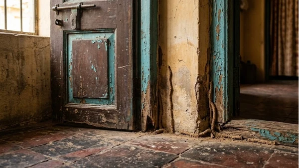 Termites damaged wooden door frame in an Indian home